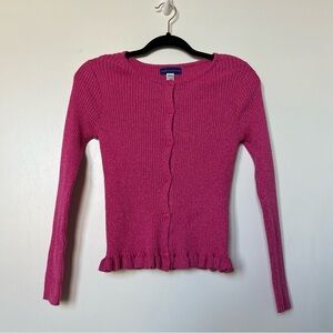 Cotton blend pink glitter knit long sleeves button cardigan with ruffles size M